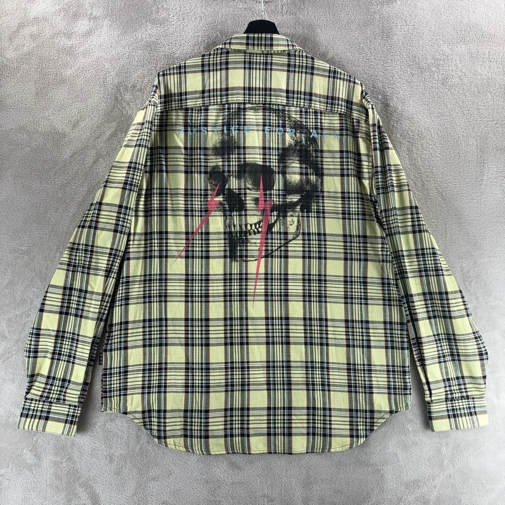 John Varvatos Plaid Flannel Shirt Mens Size XL Green Justice For All Skull